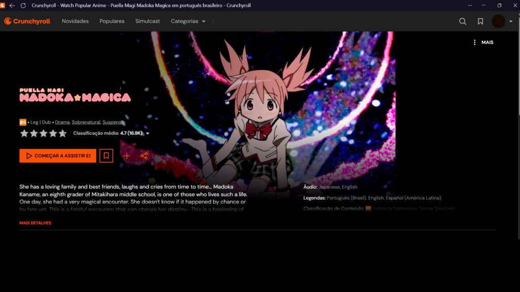Imagem do anime Puella Madoka Magica visto no catálogo da Crunchyroll 