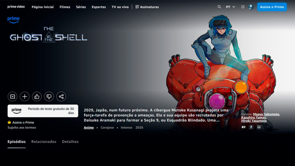 Captura de tela da prime video com o anime Ghost in the shell